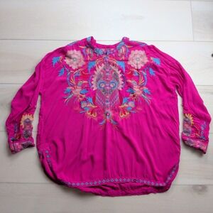 Johnny Was Biya Esmeralda Embroidered Tunic Blouse Womens L Fuschia Rayon Boho